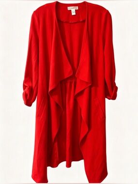 NWOT Revamped Red Open Front Draped Trench Coat Cardigan Duster Jacket Size XS